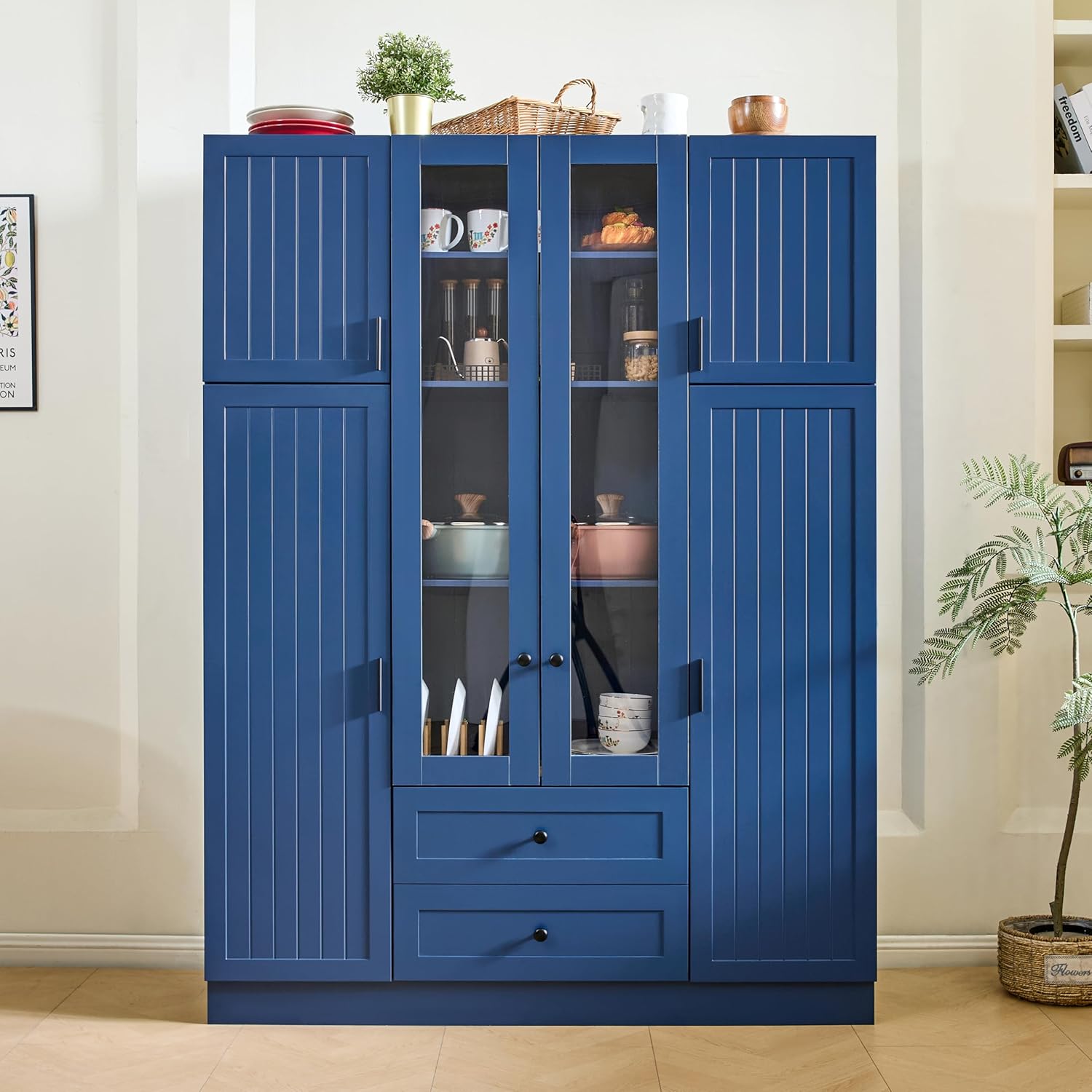 Modern Pantry Storage Cabinet with Adjustable Shelves and Drawers, 6 Doors Wood Cupboard with Pull-Out Trays and Wine Rack for Dining Room, Kitchen (Blue)