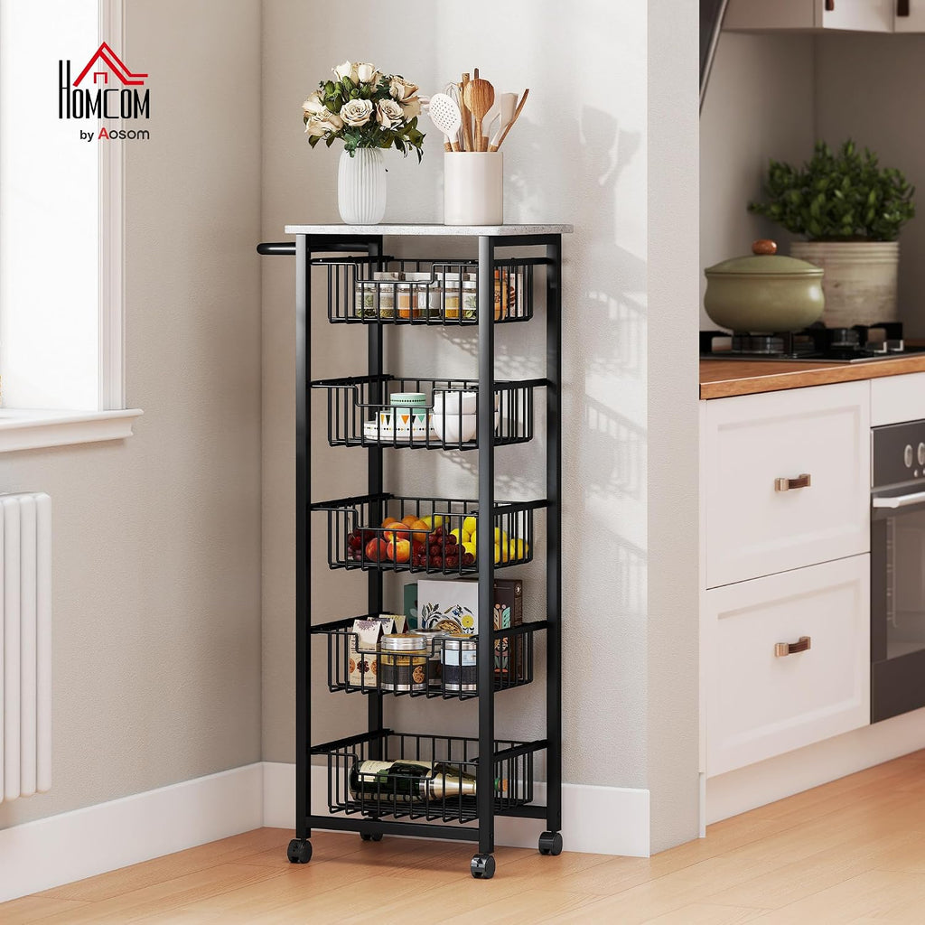 HOMCOM 5-Tier Kitchen Island on Wheels, Rolling Kitchen Storage Trolley with 5 Pull-Out Mesh Baskets, Mobile Utility Serving Cart, Light Grey