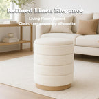 Round Storage Ottoman, Small Linen Upholstery Footrest Still with Foam Padded Seat for Living Room Bedroom, Beige
