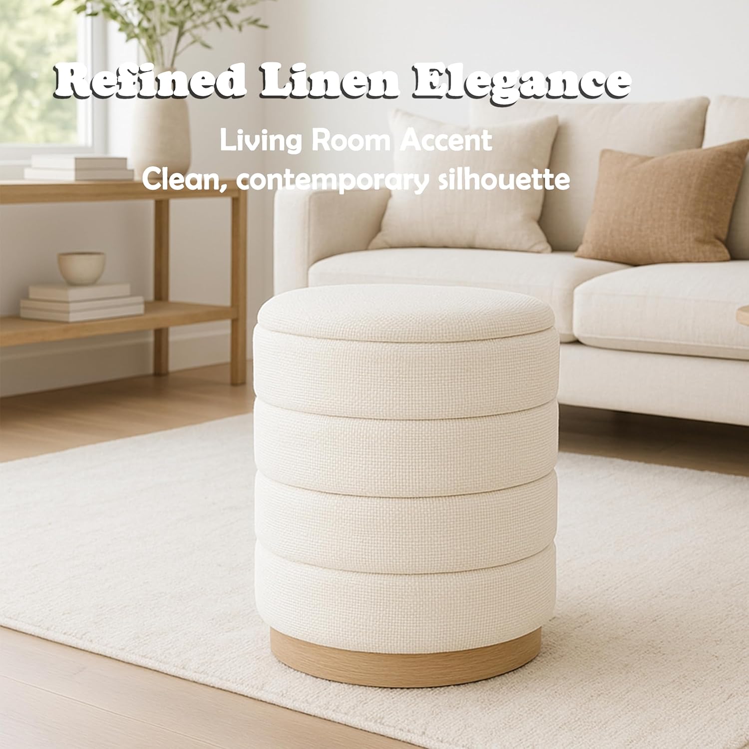 Round Storage Ottoman, Small Linen Upholstery Footrest Still with Foam Padded Seat for Living Room Bedroom, Beige