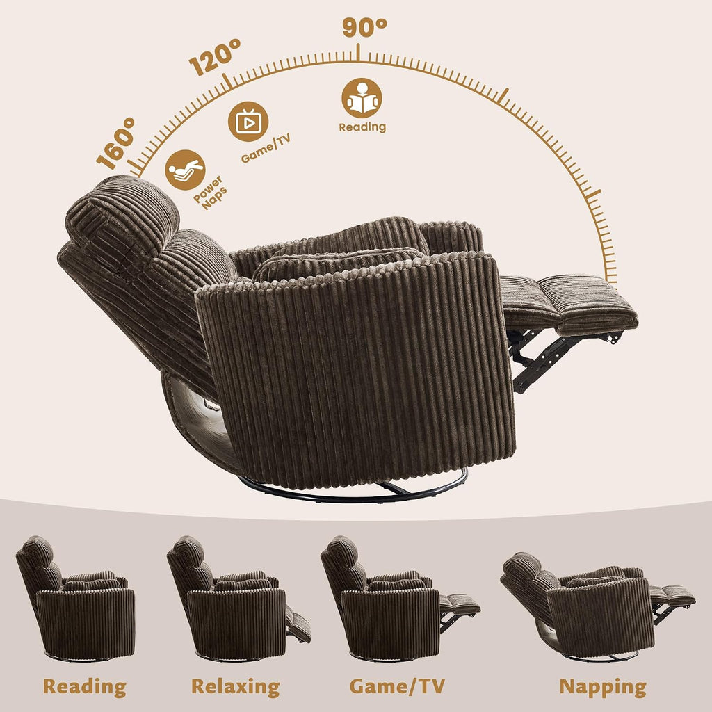 SUNWAVE 40" Oversized Power Nursery Rocking Recliner Barrel Chair, Swivel Nursing Chair with Electric Headrest & Anti-Pinch, Lay-Flat Corduroy Rocking Chair Nursery with USB/Type-C