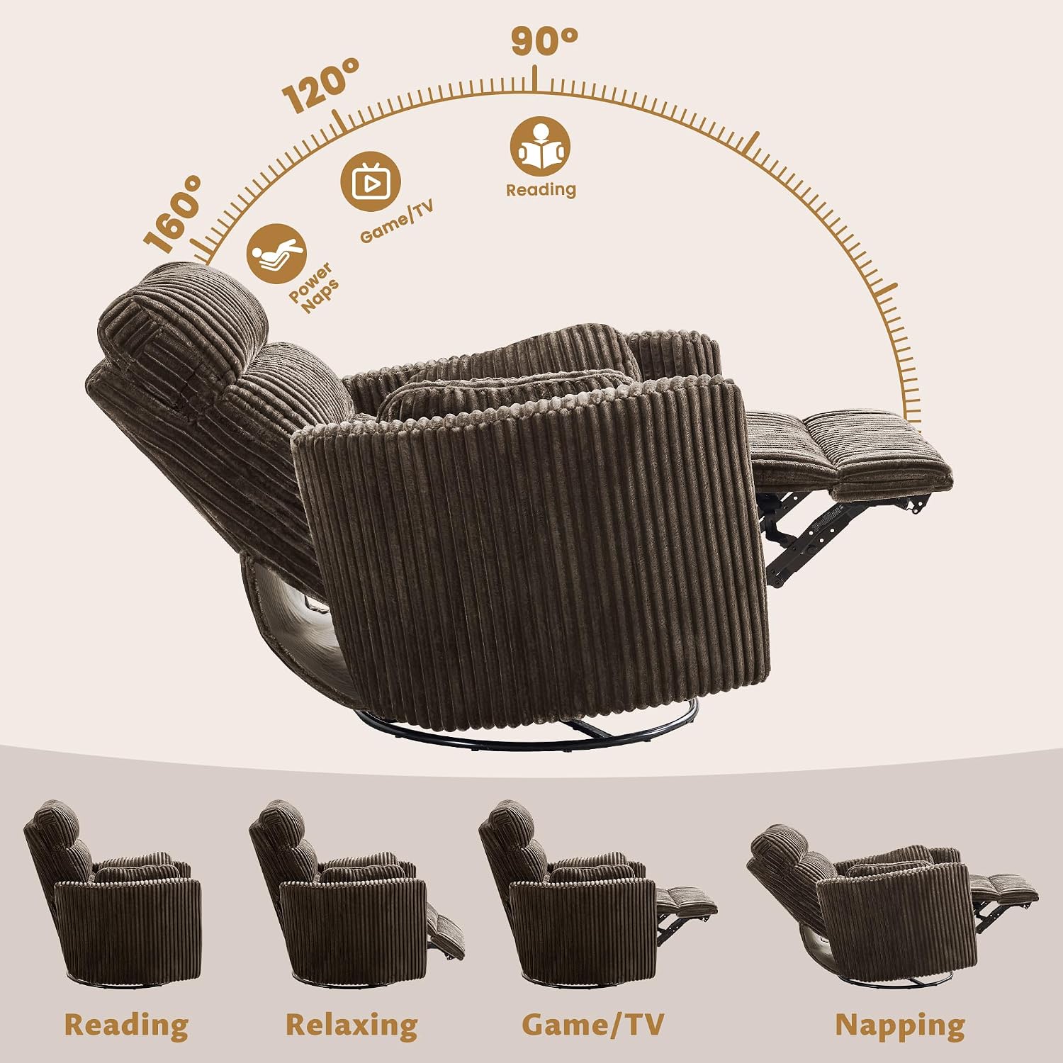 SUNWAVE 40" Oversized Power Nursery Rocking Recliner Barrel Chair, Swivel Nursing Chair with Electric Headrest & Anti-Pinch, Lay-Flat Corduroy Rocking Chair Nursery with USB/Type-C