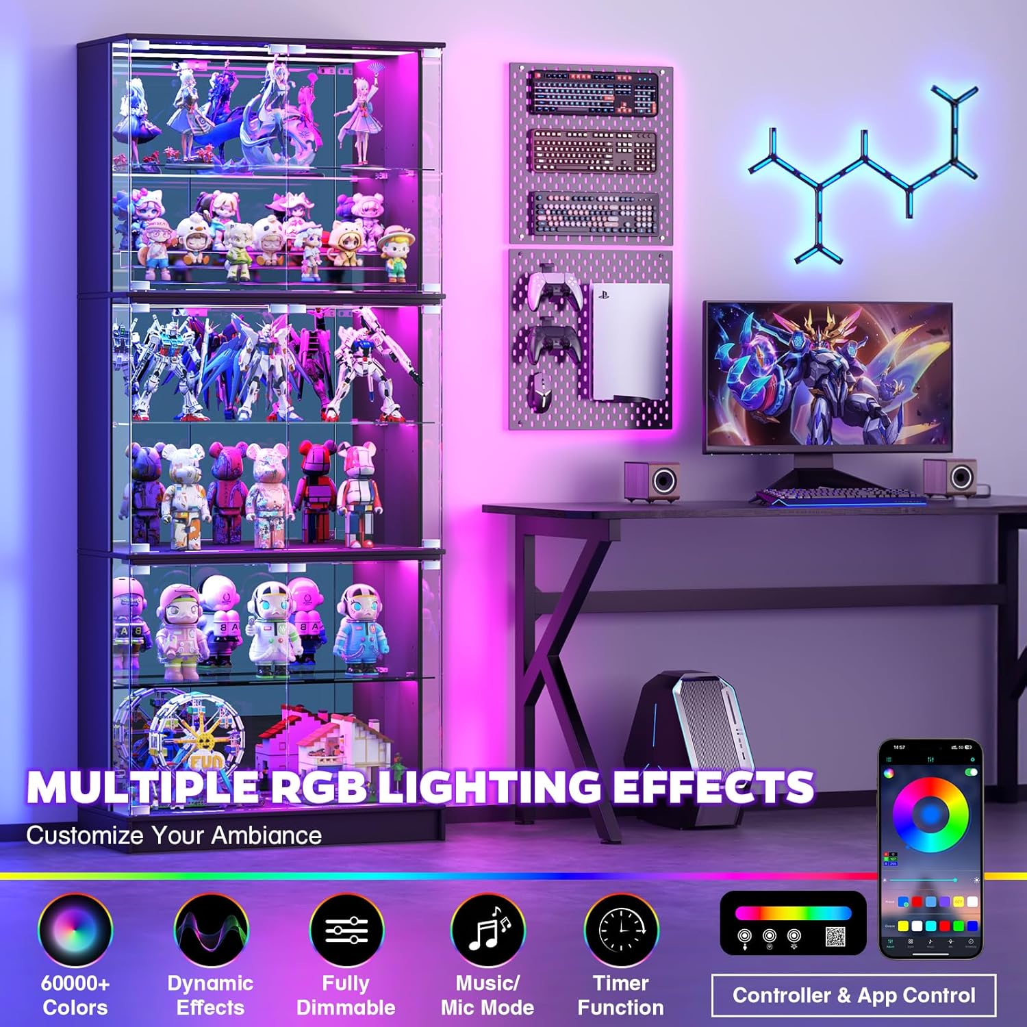 VersionTECH. Display Cabinet with Glass Doors, 6-Tier 71'' Tall Curio Cabinet with RGB Lights for Collectibles, Display Case with Adjustable Glass Shelves, Human Body Sensor, Mirror Backing, Black
