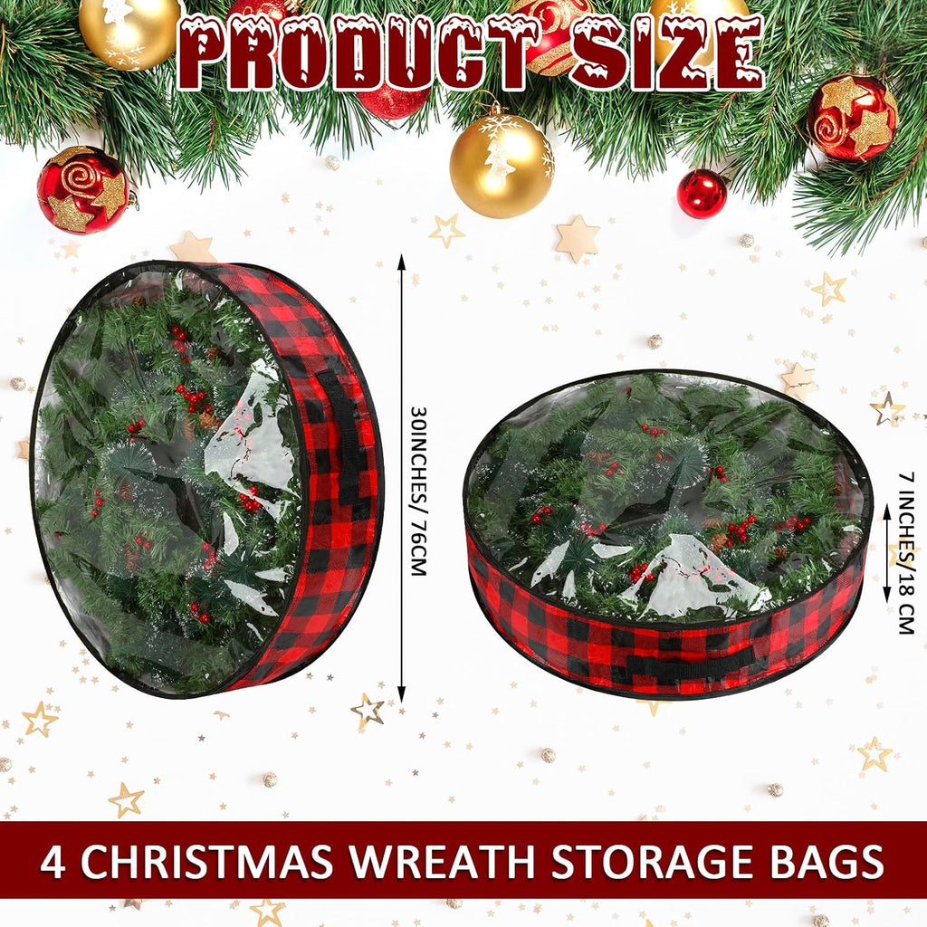 Kingdder 4 Pcs Christmas Wreath Storage Bags 30 Inch Xmas Garland Container Case with Clear Window Handles Zipper Black and Red Buffalo Plaid Wreath Box for Holiday Seasonal Storage