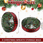 Kingdder 4 Pcs Christmas Wreath Storage Bags 30 Inch Xmas Garland Container Case with Clear Window Handles Zipper Black and Red Buffalo Plaid Wreath Box for Holiday Seasonal Storage