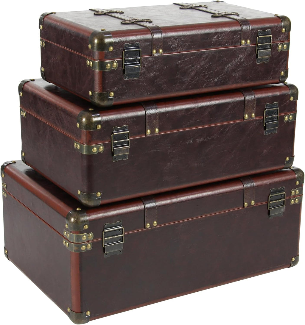 Deco 79 Faux Leather Decorative Trunk Nesting Upholstered Decorative Large Boxes with Vintage Accents and Studs, Set of 3 Storage Trunks 18", 21", 23"W, Brown