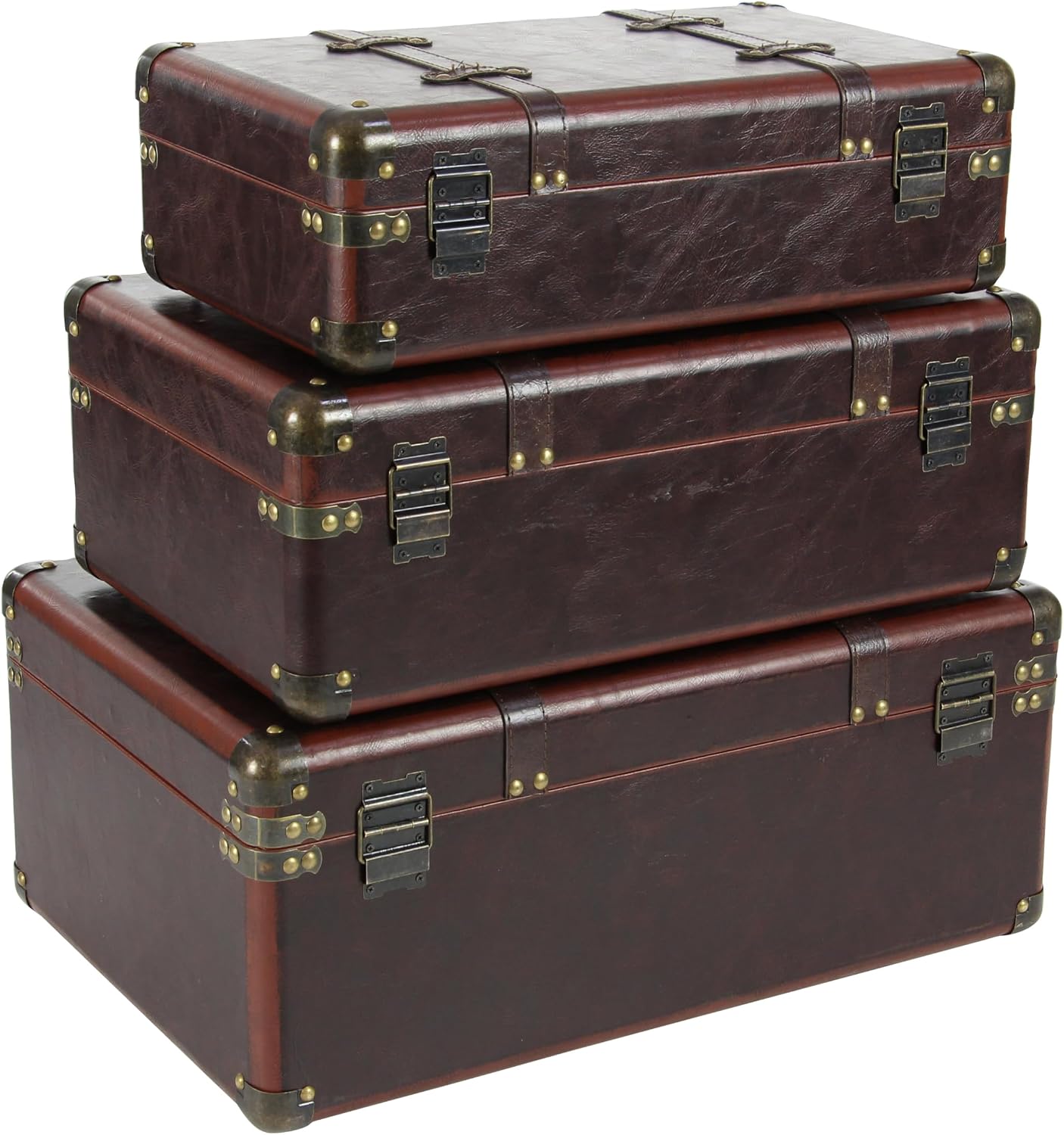 Deco 79 Faux Leather Decorative Trunk Nesting Upholstered Decorative Large Boxes with Vintage Accents and Studs, Set of 3 Storage Trunks 18", 21", 23"W, Brown