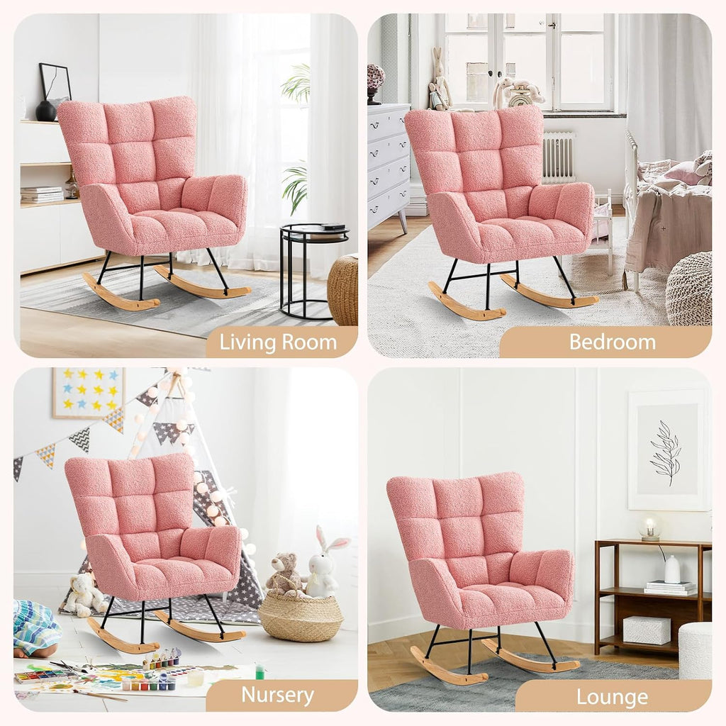 Furniliving Nursery Rocking Chair Upholstered Glider Rocking Chair Modern Accent Chair Padded Seat Reading Chair with High Backrest Comfy Chair for Living Room, Bedroom, Nursery, Pink, Teddy