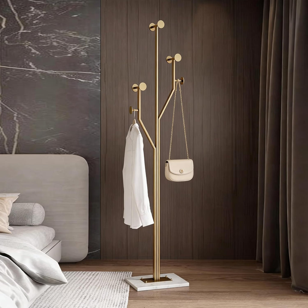 SYO Gold Metal Coat Rack (with Marble Base) — Entryway Standing Coat Stand, Heavy-Duty Vertical Design, Suitable for Entryways, Bedrooms, and Living Rooms