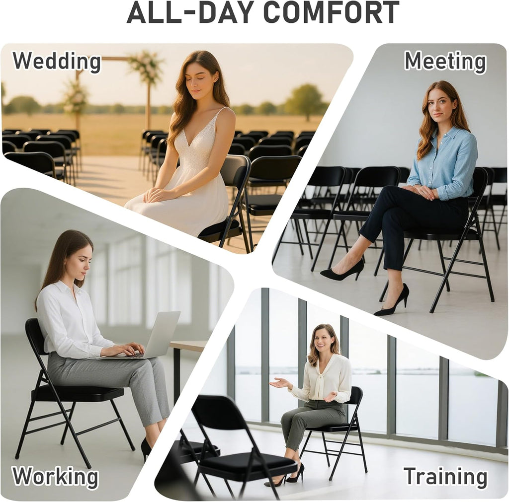 12 Pack Black Folding Chairs with 3cm Thick Padded Cushion, Metal Chairs with Durable Double-bar Steel Frame for Home and Office, for Indoor and Outdoor Events, 380LBS