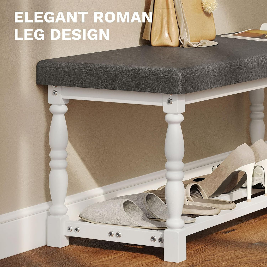 YITAHOME 48 Inch Entryway Bench, Storage Bench with Metal Shelf & Cushioned Seat, Indoor Shoe Rack Bench Seat for Dressing Room, Bedroom, Hallway, Entrance, Grey & White