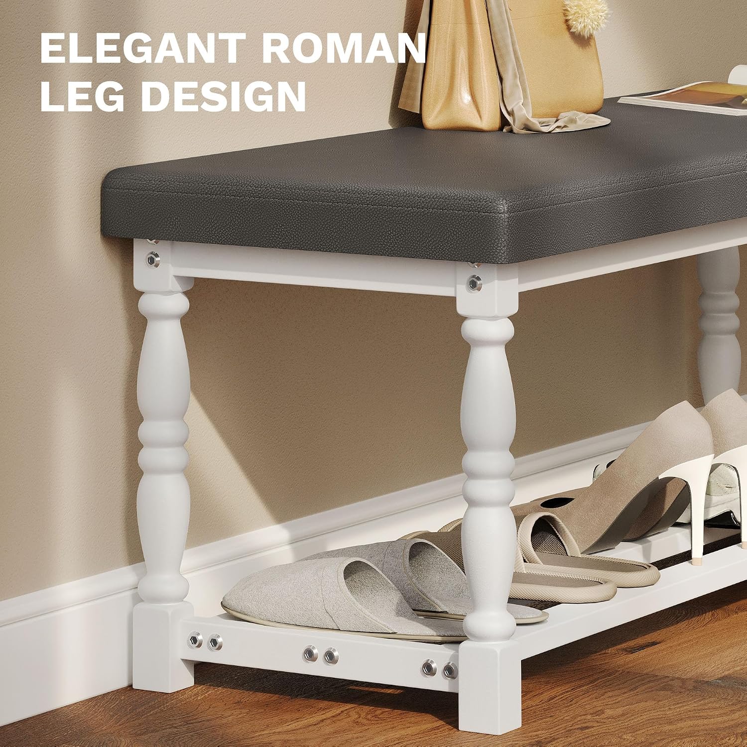 YITAHOME 48 Inch Entryway Bench, Storage Bench with Metal Shelf & Cushioned Seat, Indoor Shoe Rack Bench Seat for Dressing Room, Bedroom, Hallway, Entrance, Grey & White