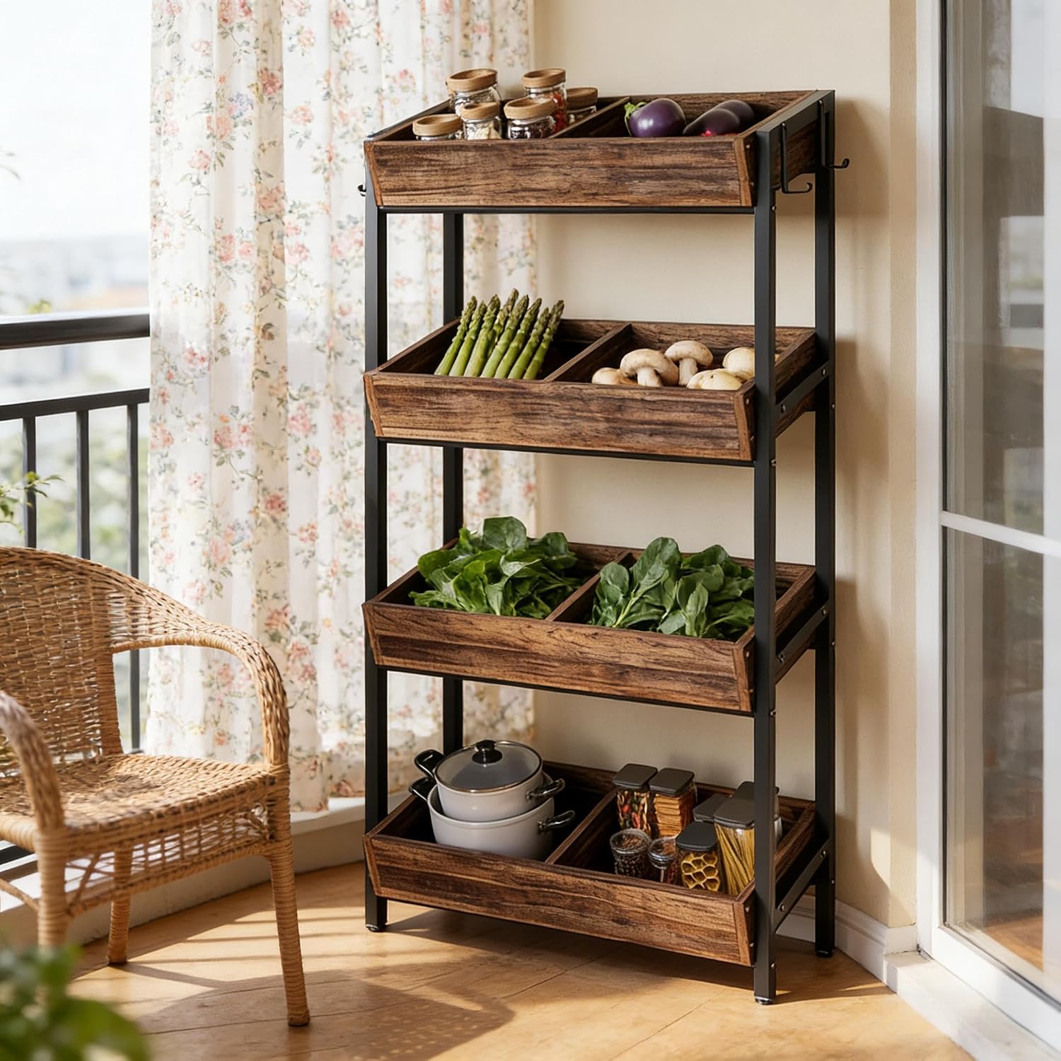 GOWE Stable Wood Storage Organizer,Fruit Vegetable Storage Rack Stand,Wine Rack Stand