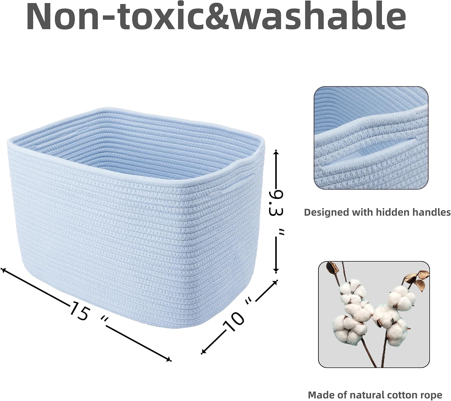 Cotton Rope storage Basket Bins Woven Basket for Organizing Shelves Rectangle Decorative Baskets For storage 3 pack (light blue)