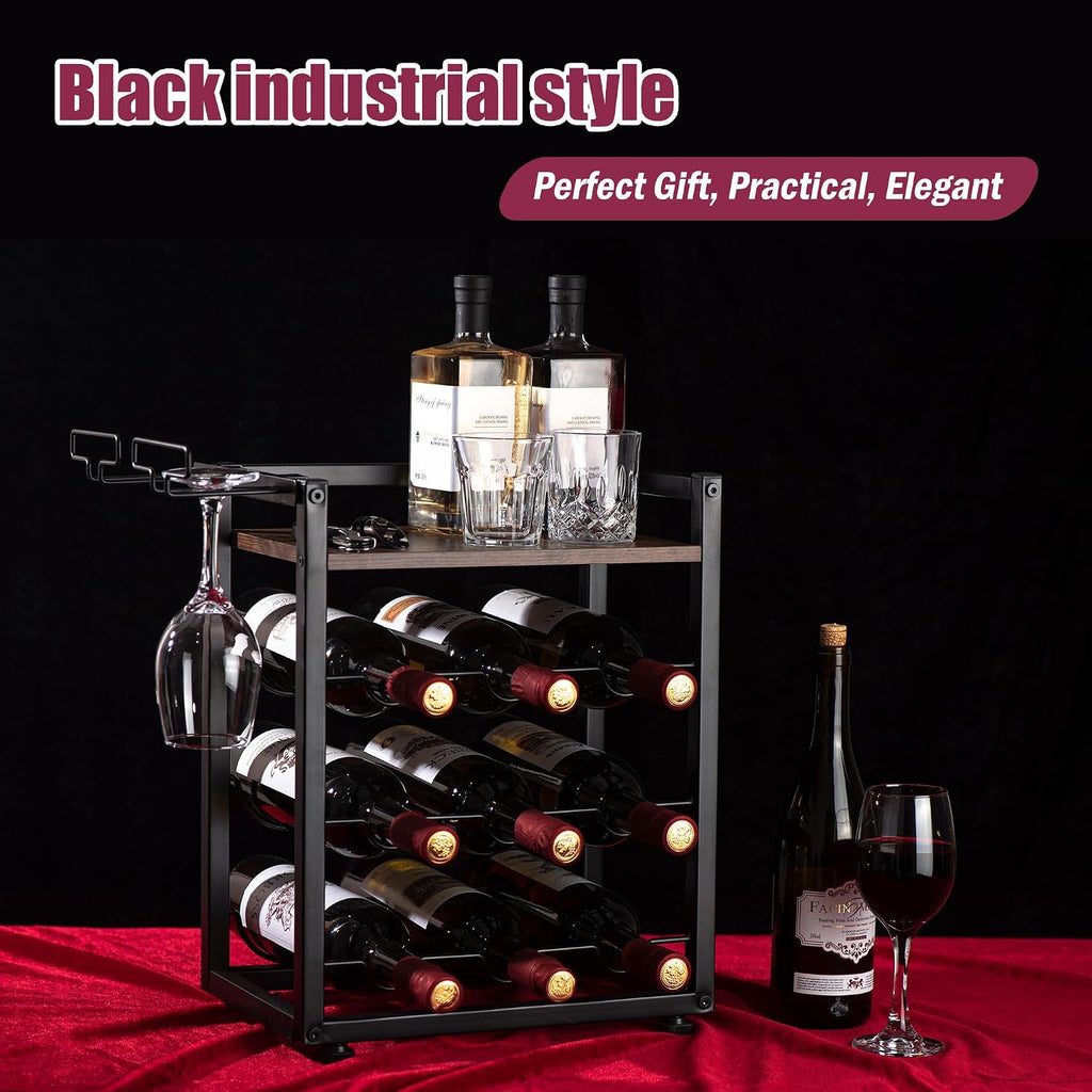 Wooden Countertop Wine Rack with Tray, Freestanding Wine Bottle Holder for 9 Bottles & 2 Glasses, Rustic Wine Stand for Home, Bar, Kitchen, Wine Cellar