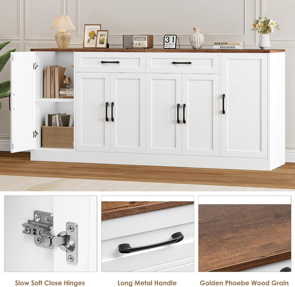 BOTLOG 71” Large Buffet Cabinet with Storage, Sideboard Buffet Cabinet with Adjustable Shelves and 6 Soft-Close Doors, Wood Coffee Bar Console Table for Kitchen, Dining Room, White
