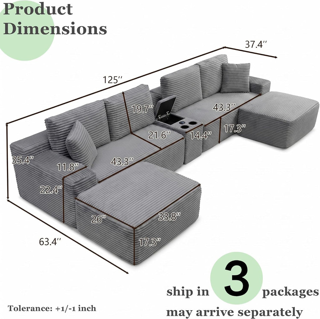 125" Oversized Sectional Couches for Living Room, Modern Boneless Cloud Couch with Ottoman,USB Port&Cup Holders, Comfy Corduroy Modular Sectional U Shape Sofa Couch for Apartment, Grey Couch in a Box