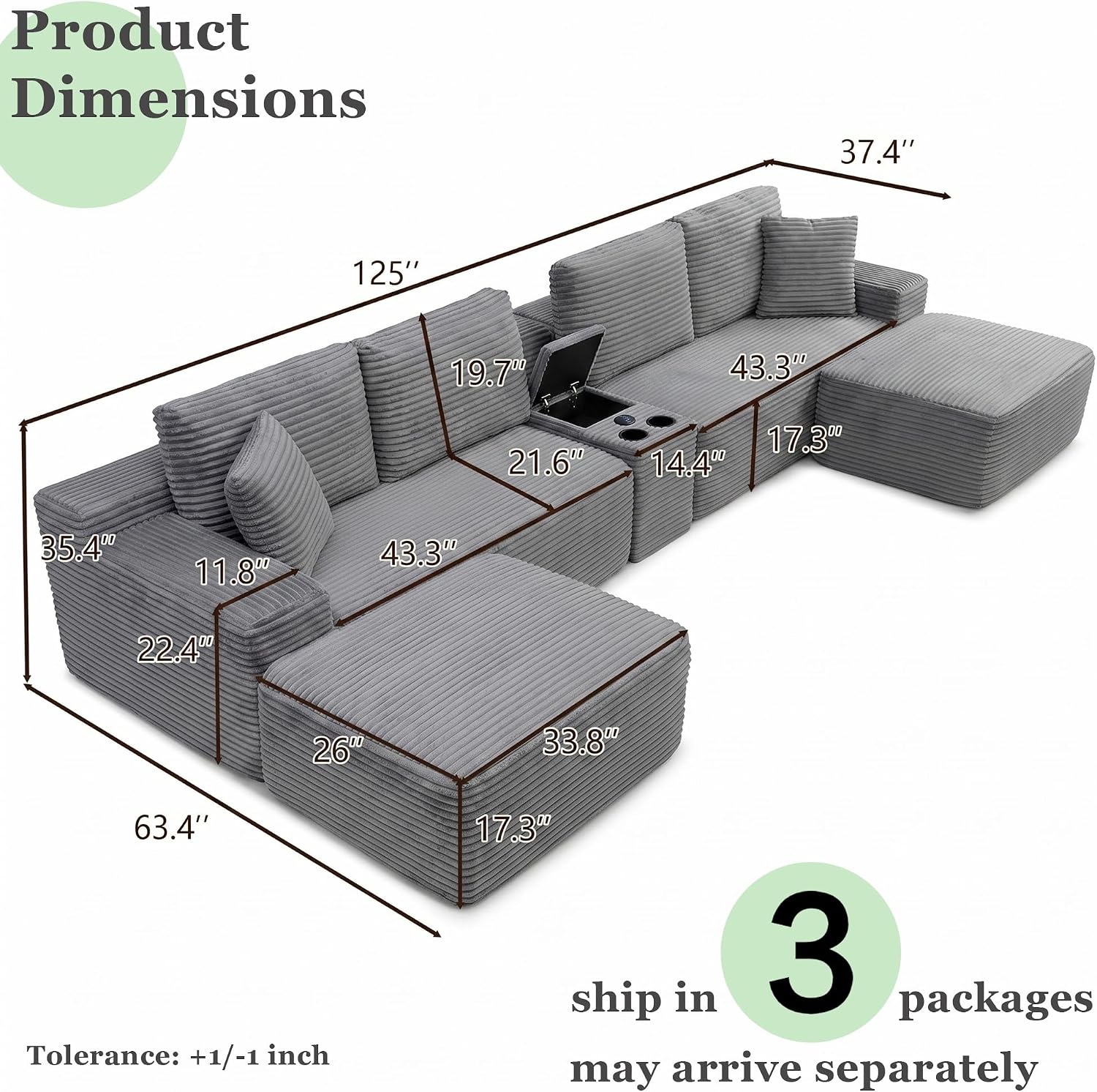 125" Oversized Sectional Couches for Living Room, Modern Boneless Cloud Couch with Ottoman,USB Port&Cup Holders, Comfy Corduroy Modular Sectional U Shape Sofa Couch for Apartment, Grey Couch in a Box