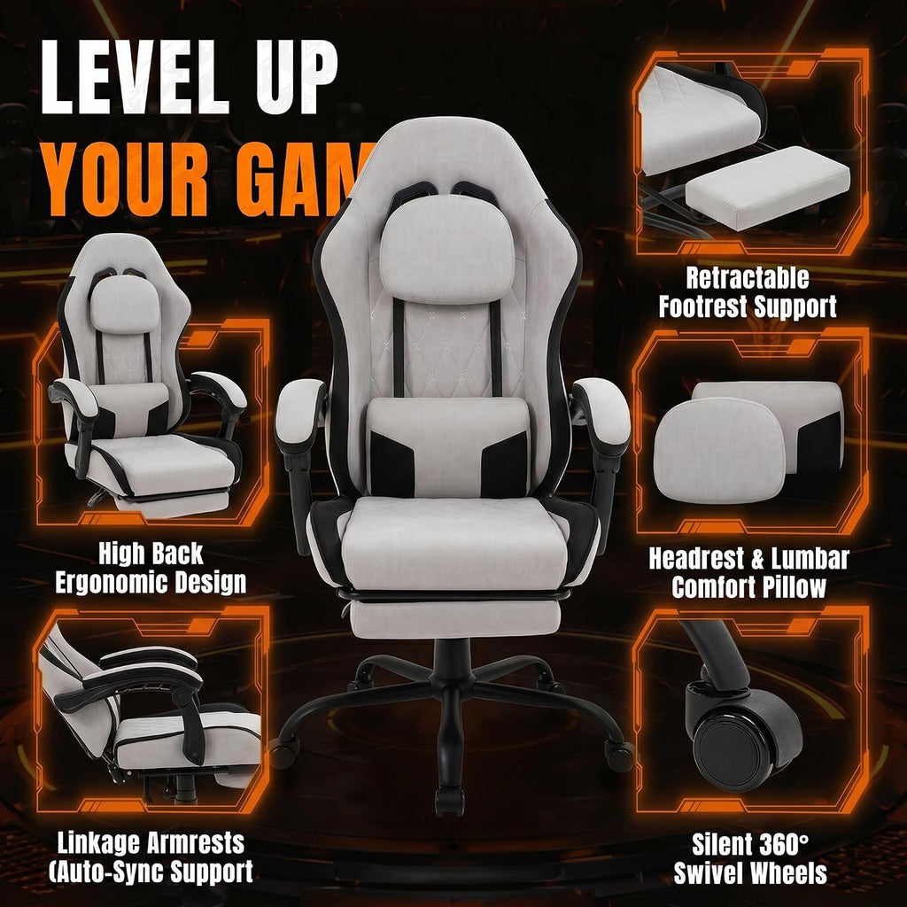 Shintenchi Gaming Chair, Ergonomic Office Chair with Footrest, Lumbar Support and Linkage Armrests, Swive Home Video Game Chairs for Adults, Gray