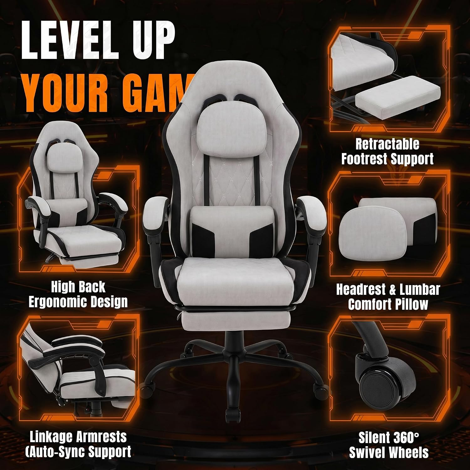 Shintenchi Gaming Chair, Ergonomic Office Chair with Footrest, Lumbar Support and Linkage Armrests, Swive Home Video Game Chairs for Adults, Gray