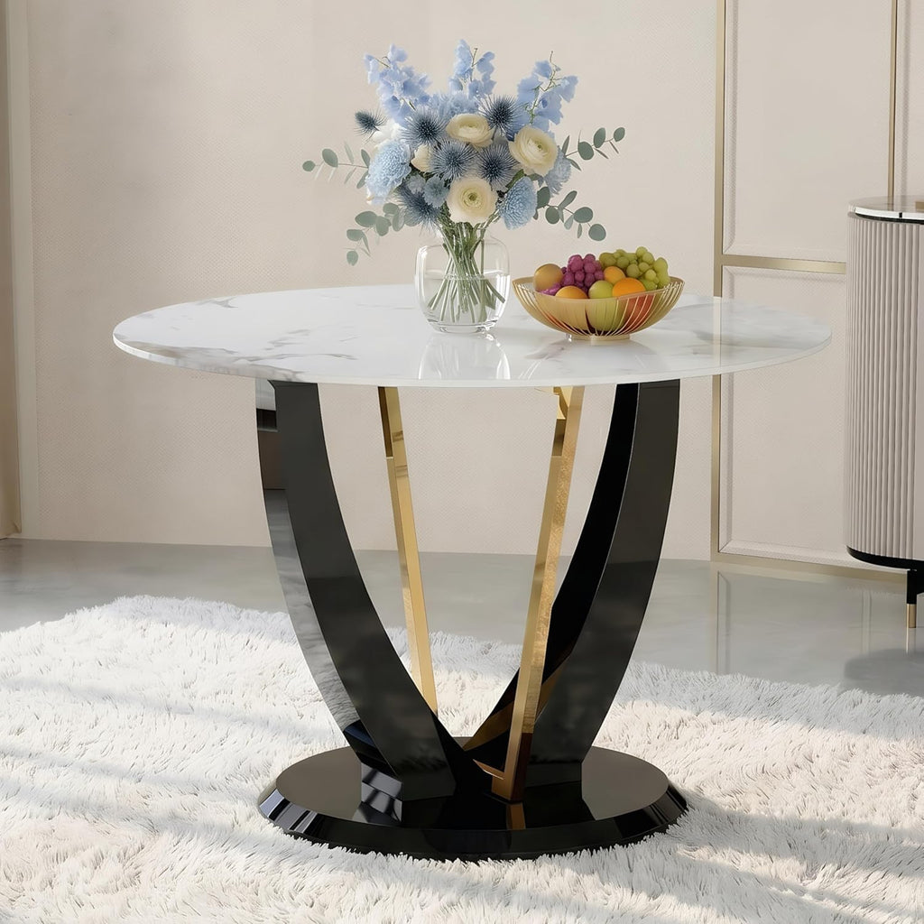 42" Round Dining Table for 4-6, Modern Faux Marble Kitchen Tabletop with Black Wood Pedestal and Gold Metal Frame, Circle Dinner Table for Dining Room
