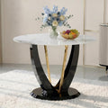 42" Round Dining Table for 4-6, Modern Faux Marble Kitchen Tabletop with Black Wood Pedestal and Gold Metal Frame, Circle Dinner Table for Dining Room