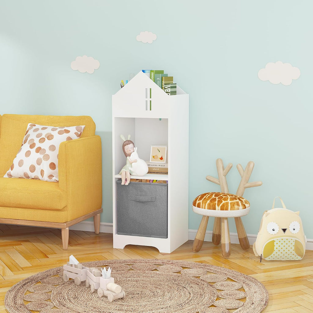 Bookcase with Storage, 2 Tier Storage Display Organizer, Toddler Bookshelf with Collapsible Fabric Drawers for Bedroom or Playroom (White,Gray)