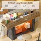 TEENFON 63" Console Tables for Entryway, Sofa Table, Behind The Couch Table with Charging Station and LED Lights, Farmhouse Entryway Table for Entrance, Hallway, Living Room