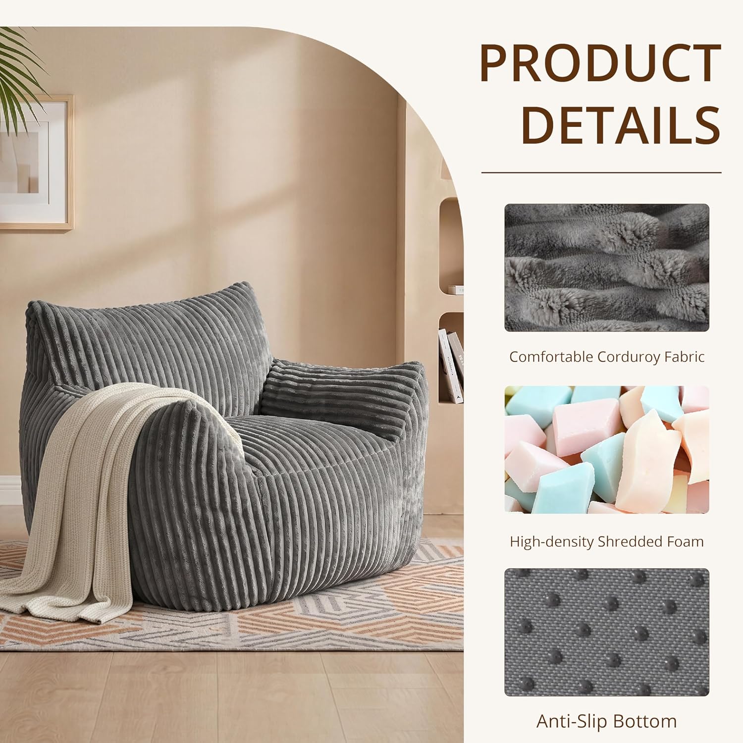 Bean-Bag Chair for Adults Teens - Large Corduroy Bean Bag Chairs with Back Support and Armrests, Adult BeanBag Lazy Sofa with Filler for Living Room, Bedroom, Reading, Grey