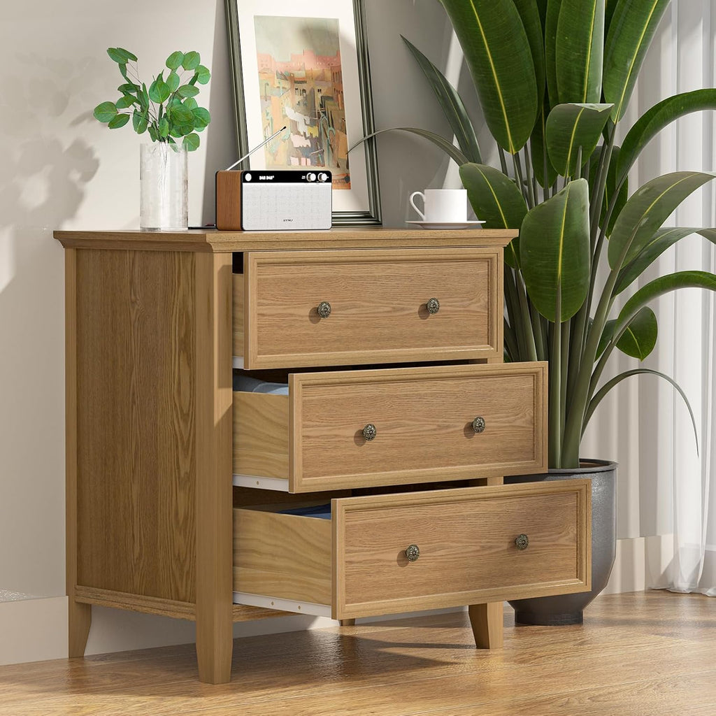 IKENO Solid Wood Nightstand Set of 2，Bed Side Table with Charging Station, Farmhouse Night Stand with 3 Storage Drawers for Bedroom, 27.6" W x 16.8" D x 26.8" H, Teak