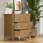 IKENO Solid Wood Nightstand Set of 2，Bed Side Table with Charging Station, Farmhouse Night Stand with 3 Storage Drawers for Bedroom, 27.6" W x 16.8" D x 26.8" H, Teak