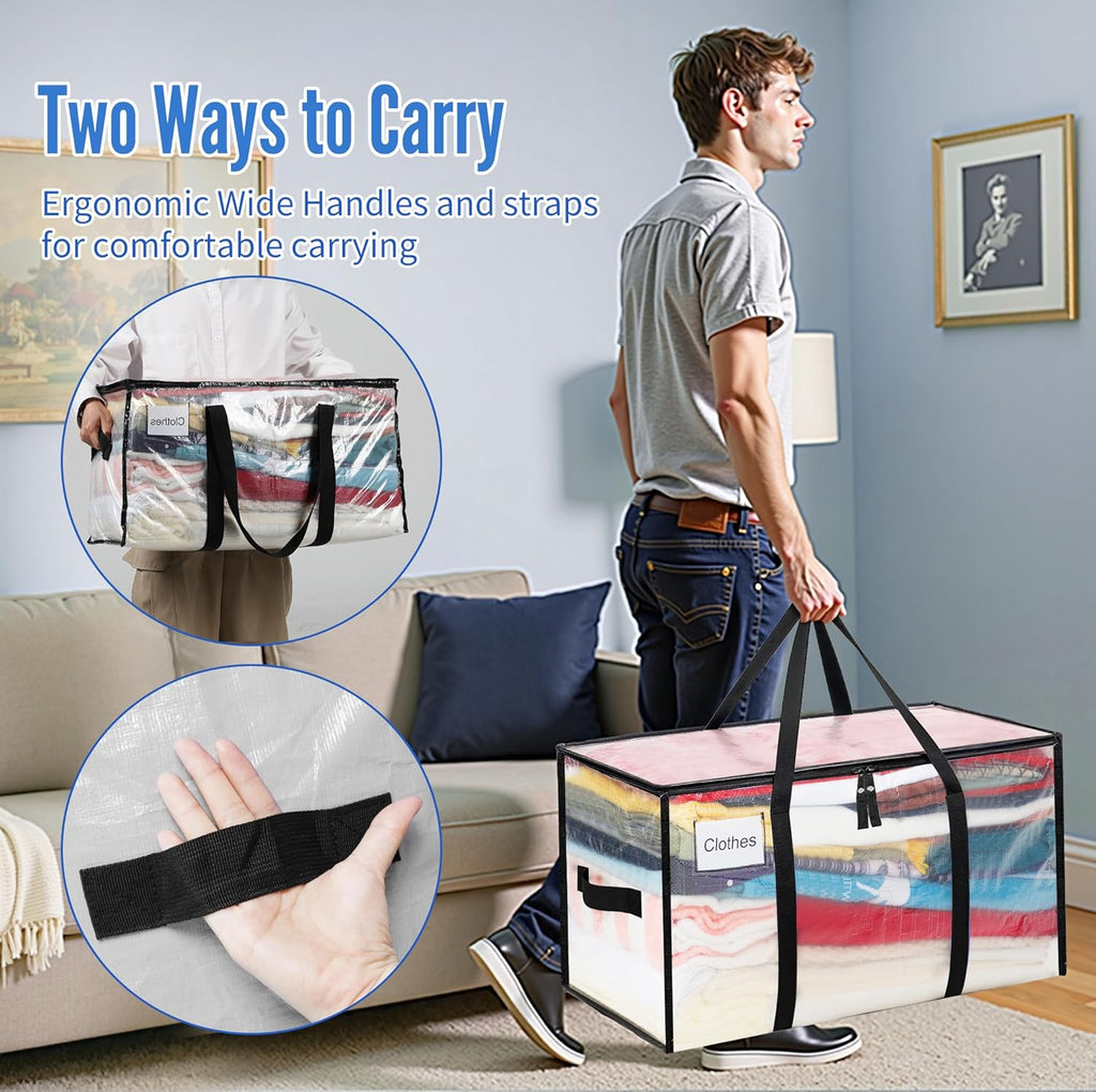 BAGAIL Heavy Duty Moving Bags with Strong Handle, Extra Large Moving Boxes, Storage Tote for Clothes, College Moving Supplies(Clear, 6 Pack)
