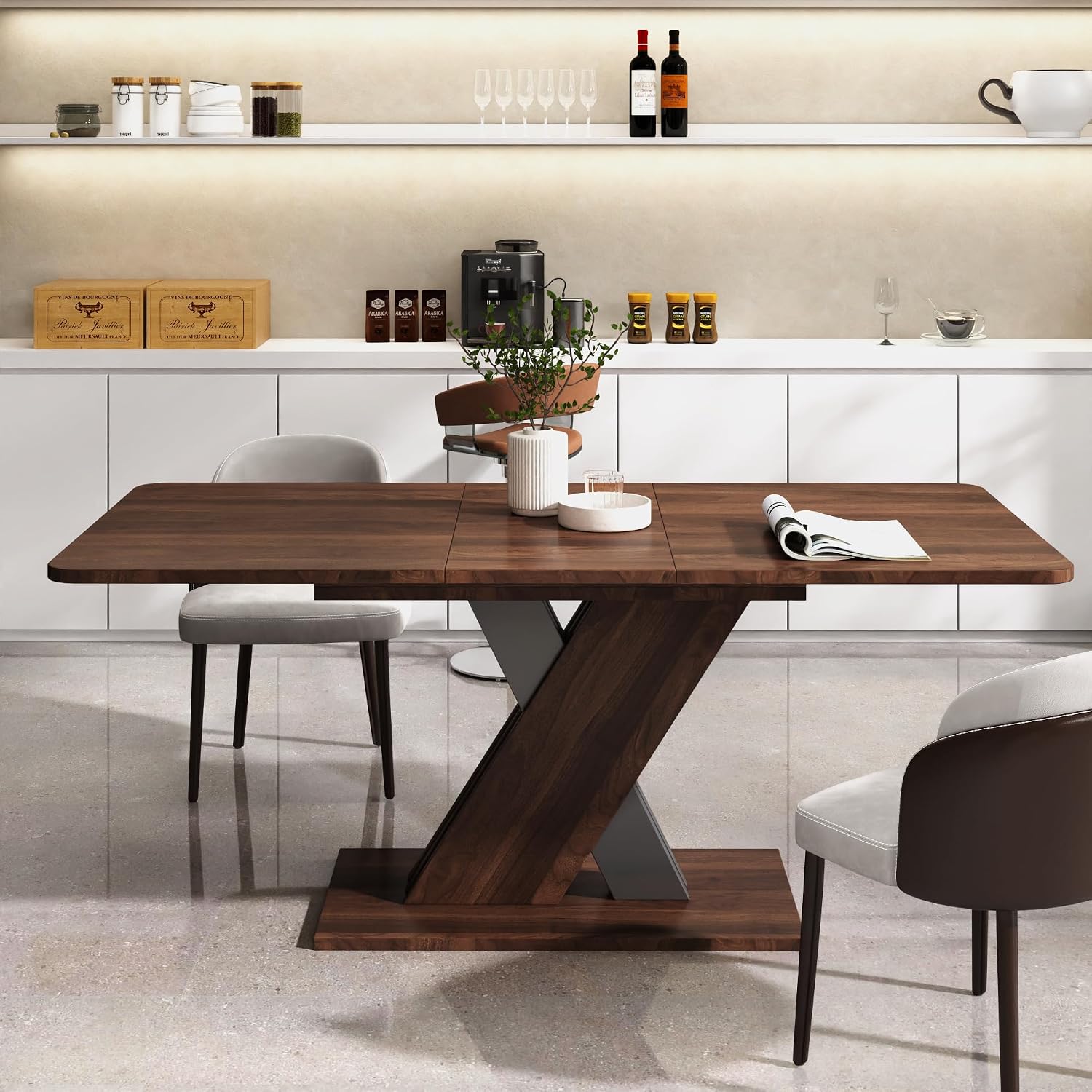 70.87'' Extendable Wood Dining Table, Modern Multifunctional Rectanglar Kitchen Dinner Table for Living Room Home Office, X-Shaped Base, Easy Assembly, Walnut