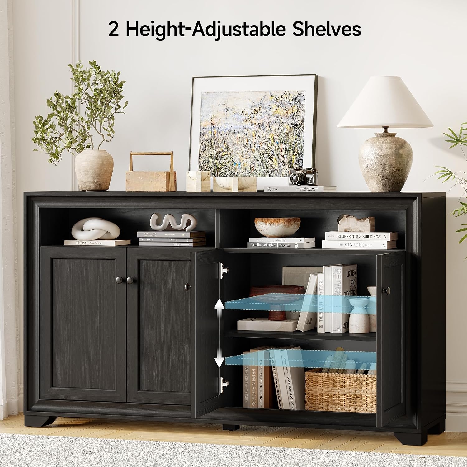 ONBRILL 60 Inches Sideboard Buffet Cabinet with Storage, 4 Doors Large Sideboard, Kitchen Cabinet with Open Shelf & Adjustable Shelf, Kitchen Coffee Bar Console Table for Living Room, Hallway, Black