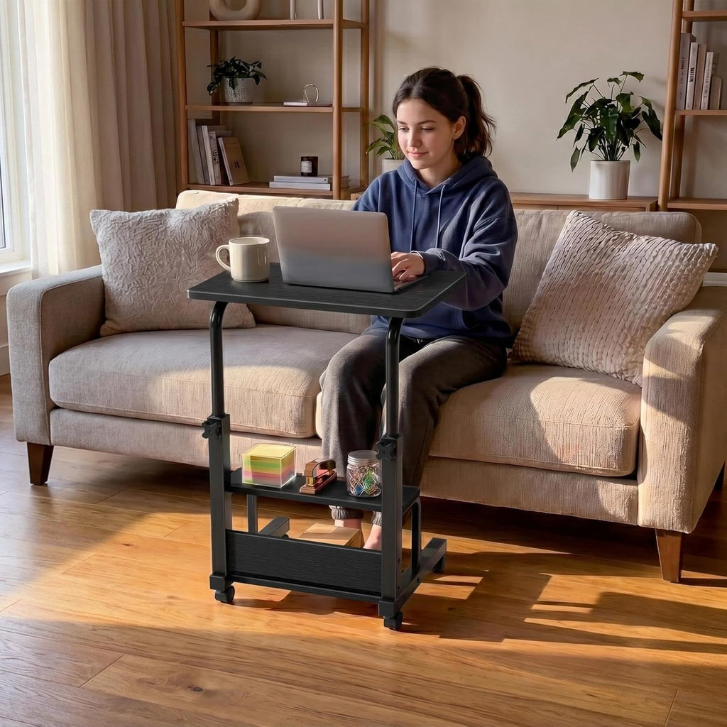 WINAZ Small Rolling Desk for Small Spaces - 24" Portable Kids Desk with Wheels, Height Adjustable C Shaped Side Table Mobile Laptop Desks with 2-Tier Storage Shelves for Bed Sofa, Black