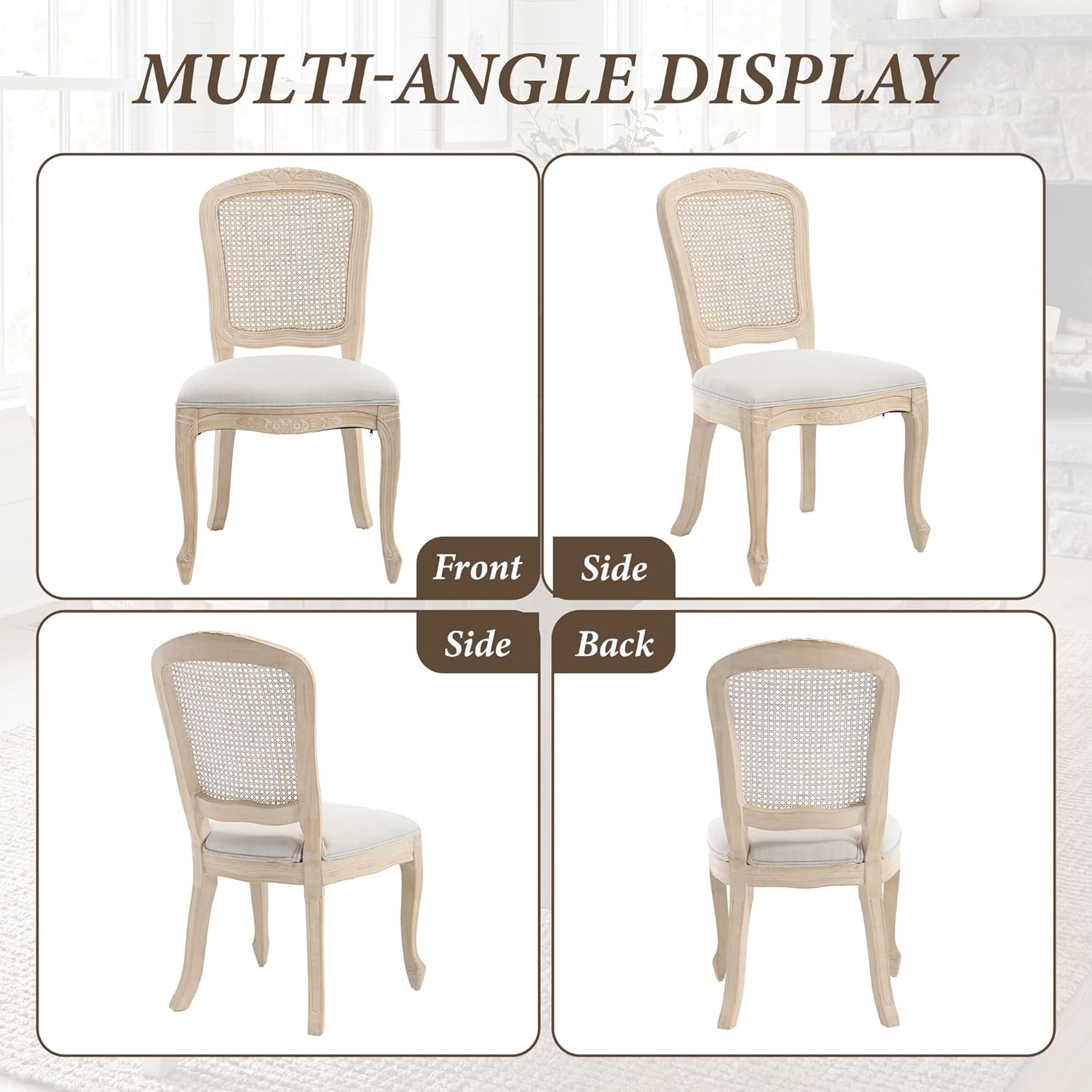 Wicker Dining Chairs Set of 2, Upholstered Linen Fabric Dining Room Chairs with Square High Rattan Back Farmhouse French Kitchen Chairs for Dining Table/Living Room/Restaurant, White