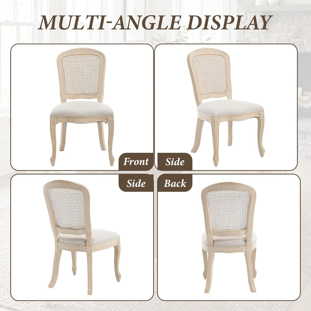 Wicker Dining Chairs Set of 6, Upholstered Linen Fabric Dining Room Chairs with Square High Rattan Back Farmhouse French Kitchen Chairs for Dining Table/Living Room/Restaurant, White