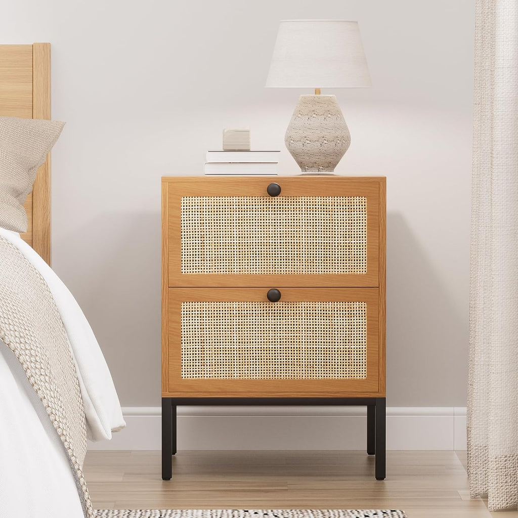 XIAO WEI Rattan Nightstand Set of 2, Boho Bedside Table with 2 Drawers | Natural Rattan End Table Side Table for Bedroom, Living Room