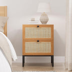 XIAO WEI Rattan Nightstand Set of 2, Boho Bedside Table with 2 Drawers | Natural Rattan End Table Side Table for Bedroom, Living Room