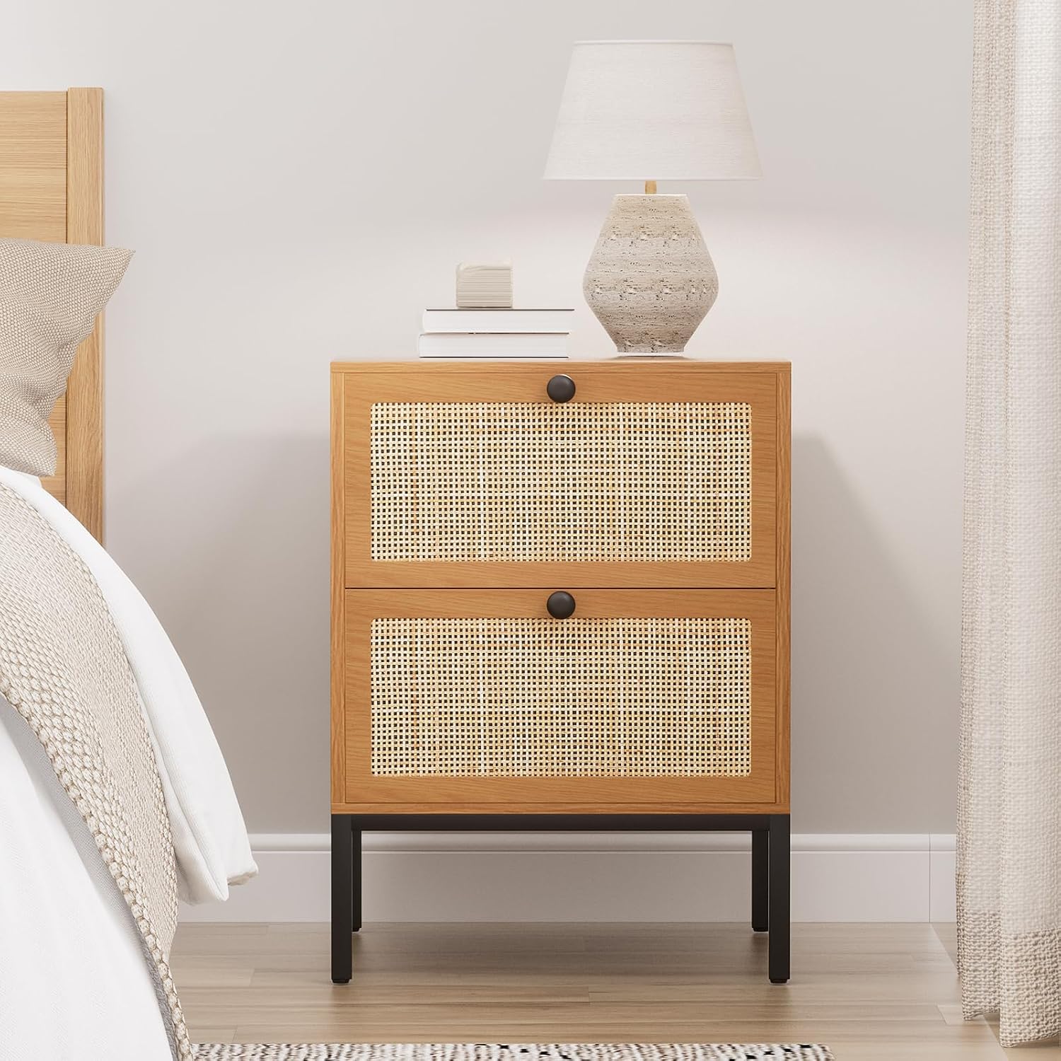 XIAO WEI Rattan Nightstand Set of 2, Boho Bedside Table with 2 Drawers | Natural Rattan End Table Side Table for Bedroom, Living Room