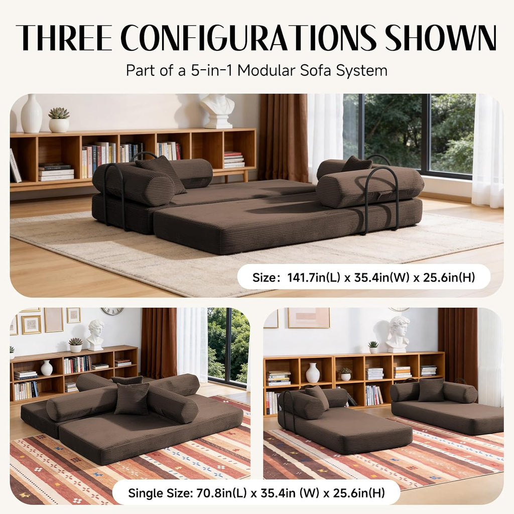 79" Corduroy Sofa Bed, Boneless Couch in a Box with 2 Pillows, High-Density Foam 4-in-1 Foldable Sleeper Futon Loveseat for Small Spaces, No Assembly, Side Pockets, Hex Arm Brown