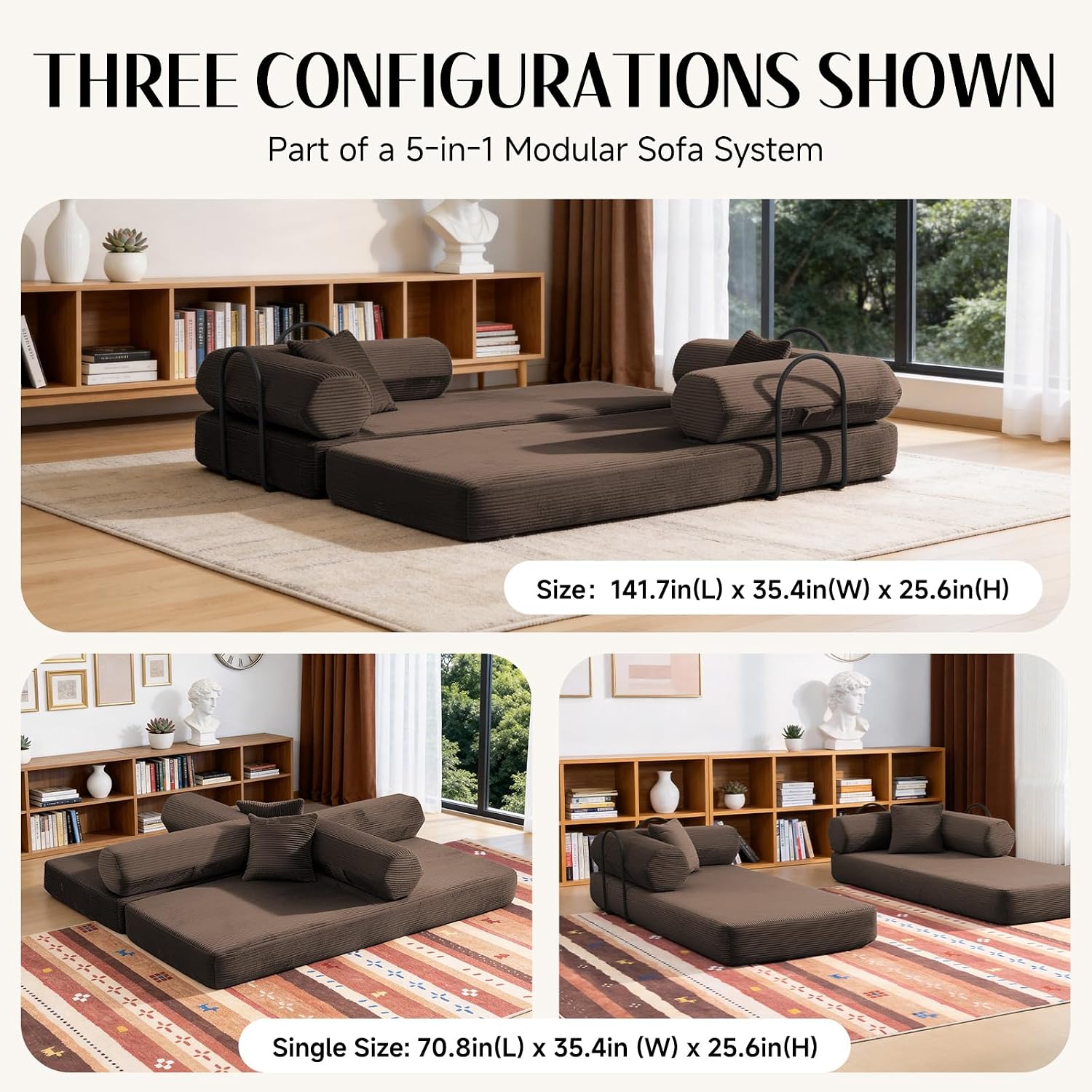 79" Corduroy Sofa Bed, Boneless Couch in a Box with 2 Pillows, High-Density Foam 4-in-1 Foldable Sleeper Futon Loveseat for Small Spaces, No Assembly, Side Pockets, Hex Arm Brown
