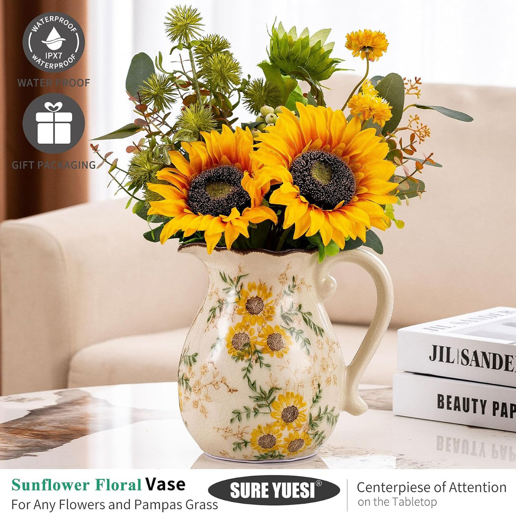 Sunflower Vintage Ceramic Yellow Floral Pitcher Vase with Handle 7.9”, Rustic Farmhouse Chinoiserie Vase, Grandmillennial Decor for Living Room, Bookshelf, Mantel Decor, Mom Gift