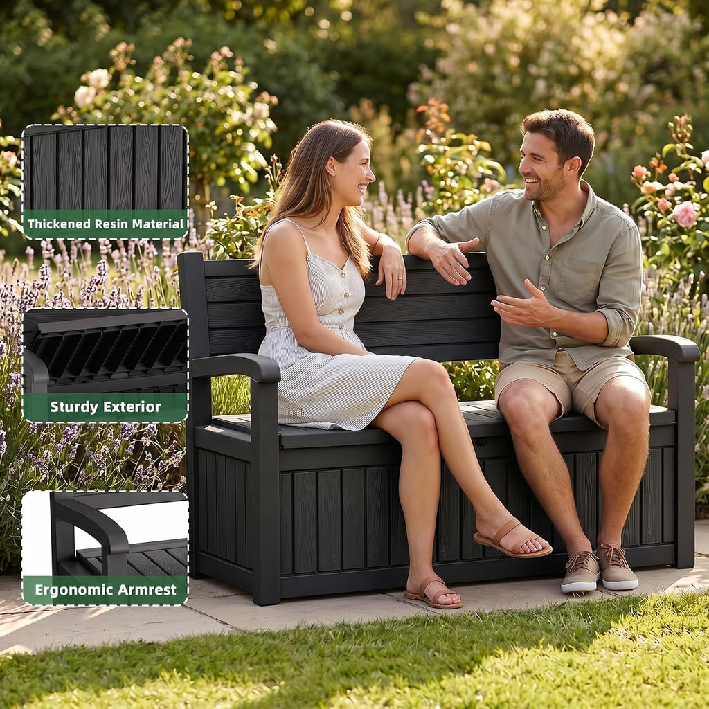 80Gal Resin Outdoor Deck Storage Bench, Lockable Waterproof UV Protected Patio Box, Weatherproof Porch Pool Garden Furniture for Yard Tools & Seat Cushions, Black