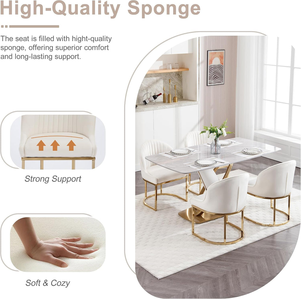 Velvet Dining Chairs Set of 4, Upholstered Dining Room Chairs with Golden Metal Legs, Modern Kitchen Side Chairs Reading Chair (Golden - Beige, Set of 4)