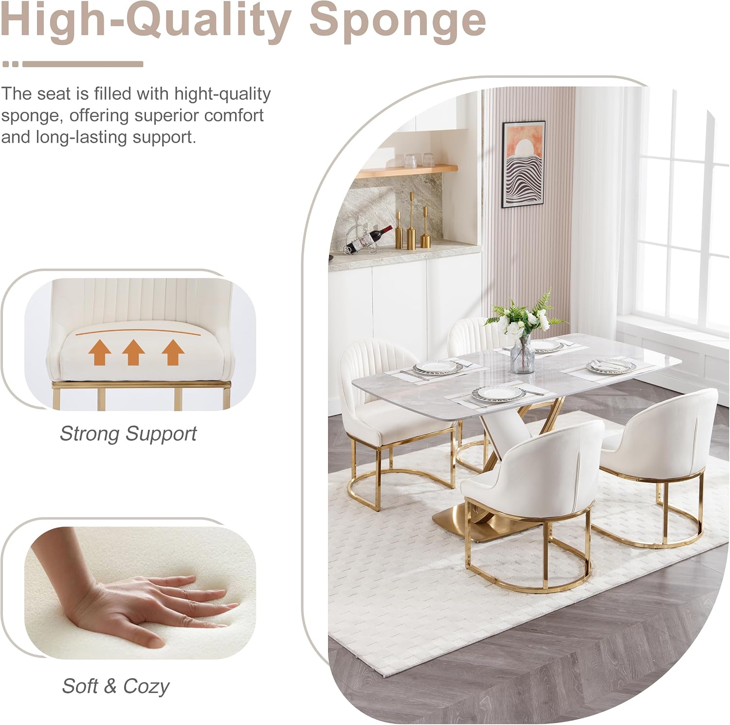 Velvet Dining Chairs Set of 4, Upholstered Dining Room Chairs with Golden Metal Legs, Modern Kitchen Side Chairs Reading Chair (Golden - Beige, Set of 4)