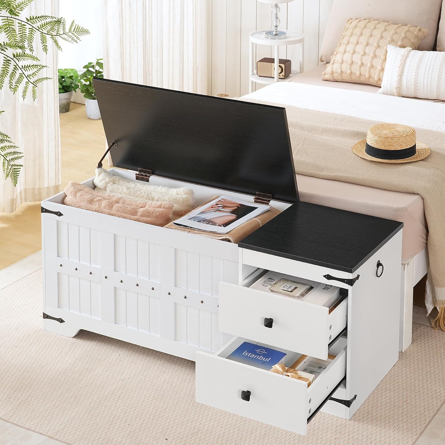 HOOBRO Storage Bench, Toy Box with Dual Drawers and Safe Hinge, Storage Chest with Extra-Long Thick Top, Easy Assembly, for Living Room, Bedroom, White and Black WB212CW01