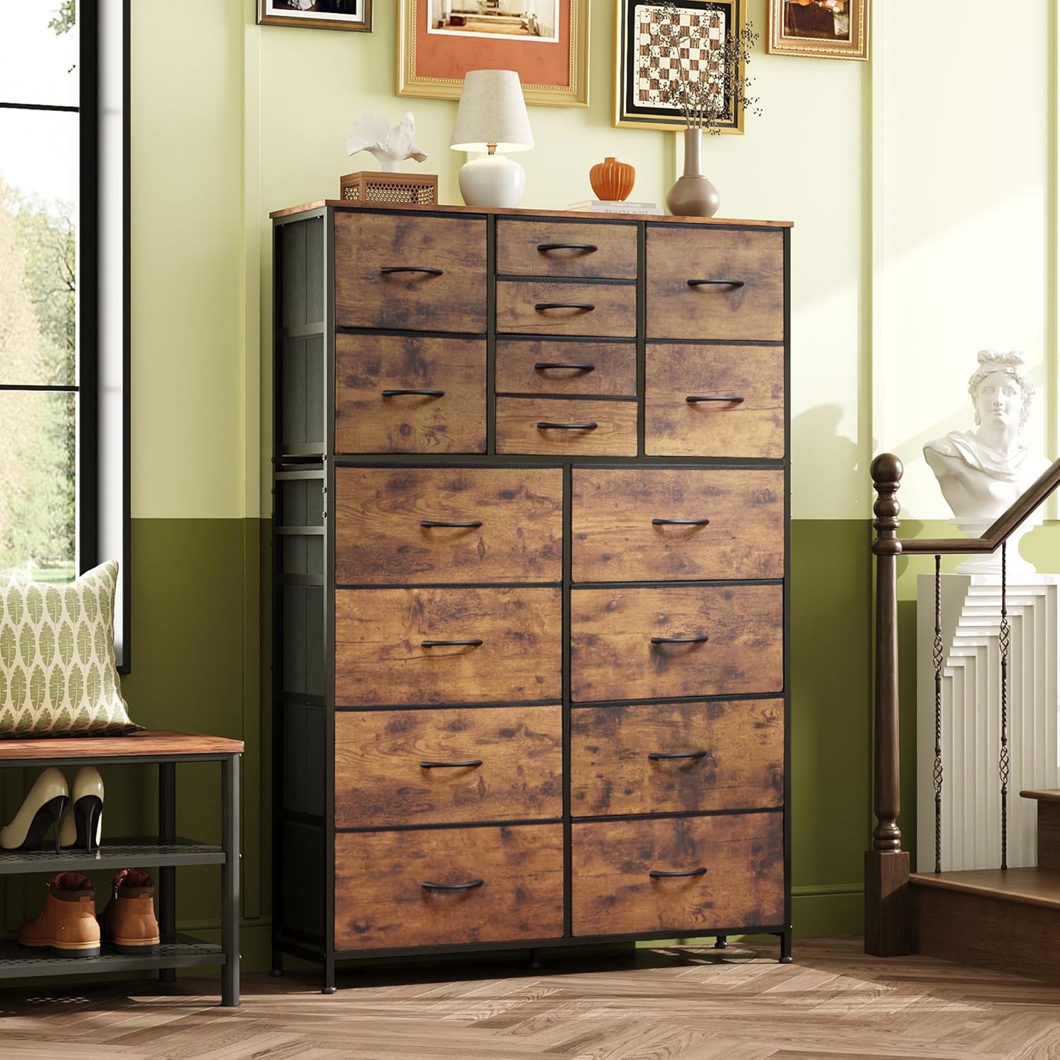 Tall Console Table with 16 Fabric Drawers, Entryway Table with Storage, Large Storage Organizer with Wood Top, Steel Frame for Living Room, Hallway, Office, Rustic Brown
