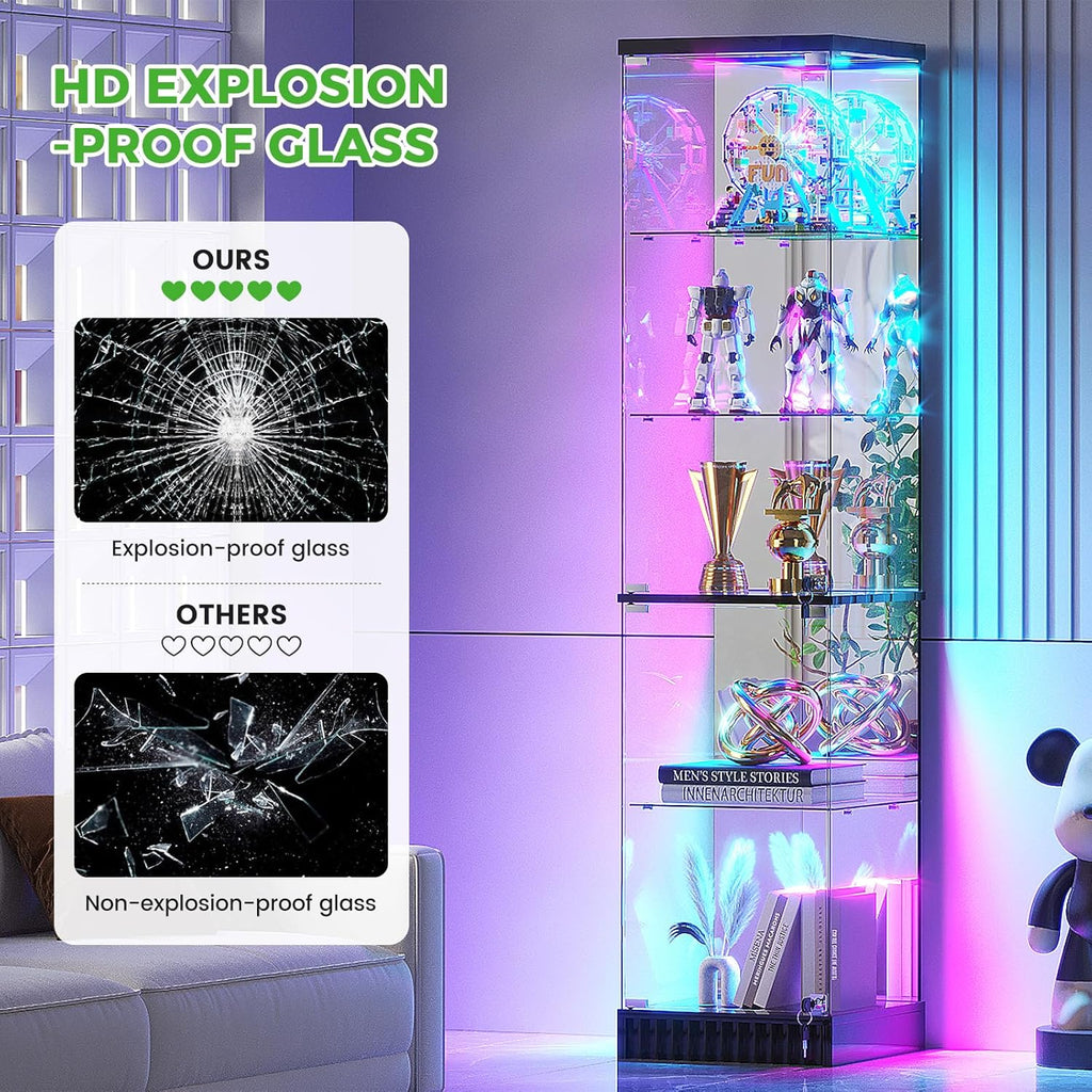 HNEBC Glass Display Cabinet, LED Display Case with RGB Lighting, Lockable Curio Cabinet with Explosion-Proof Glass Doors for Collectibles,5-Tier China Cabint with Motion Sensor Light-Black