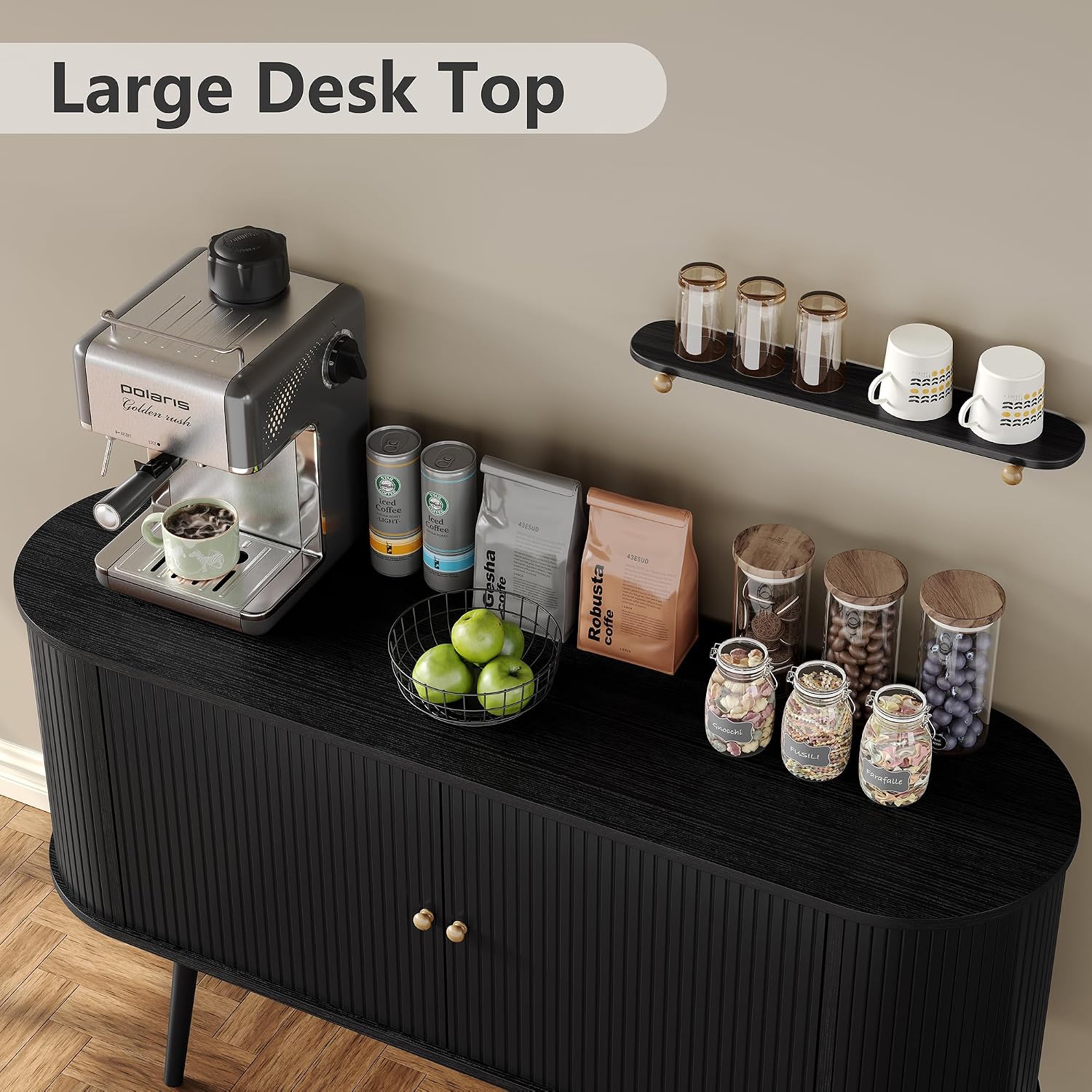 Furniouse 54.4''W Buffet Cabinet with Storage Fluted Sideboard Cabinet with Doors & 4 Shelf Storage for Living Room, Hallway, Kitchen, Black